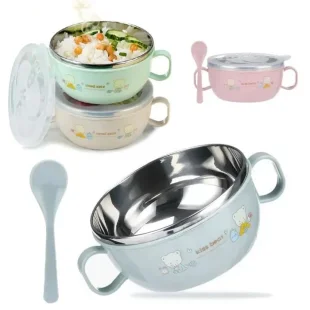 Stainless Steel Baby Bowl Set – Insulated, Cartoon Design, Lid and Spoon