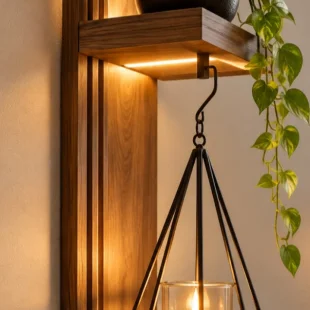Wall Mounted Hanging Candle Holder with Wooden Shelf