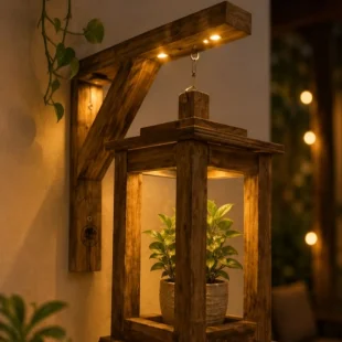 Wooden Hanging Lantern with Warm LED Lights & Wall Mount