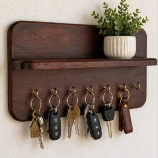 Wooden Wall Mounted Key Holder Shelf with Hooks