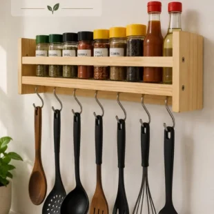 Wooden Wall Mounted Spice Rack & Utensil Holder with Hooks